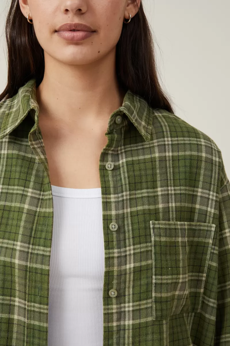 Cotton On Poppy Check Dark Moss Tops Women Price Slash Boyfriend Flannel Shirt - 2