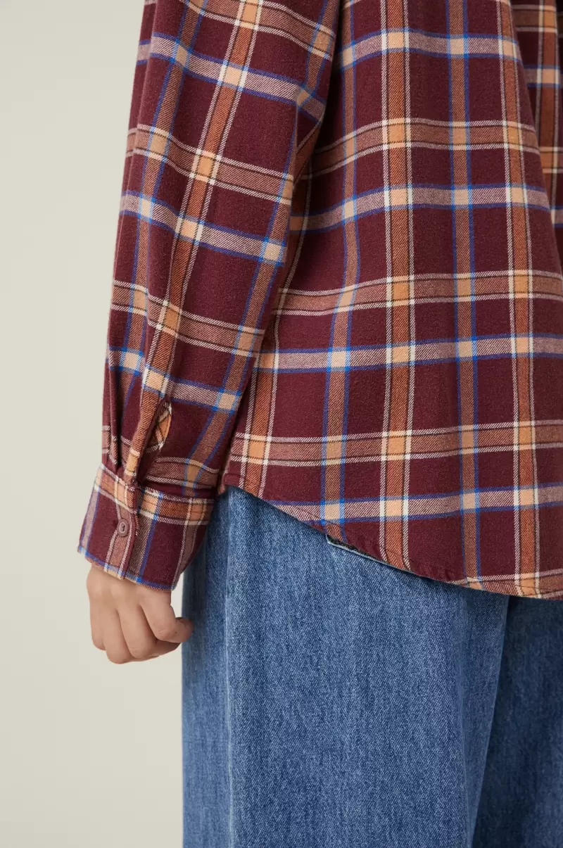 Long-Lasting Tops Women Cotton On Boyfriend Flannel Shirt Celest Check Deep Garnet - 2