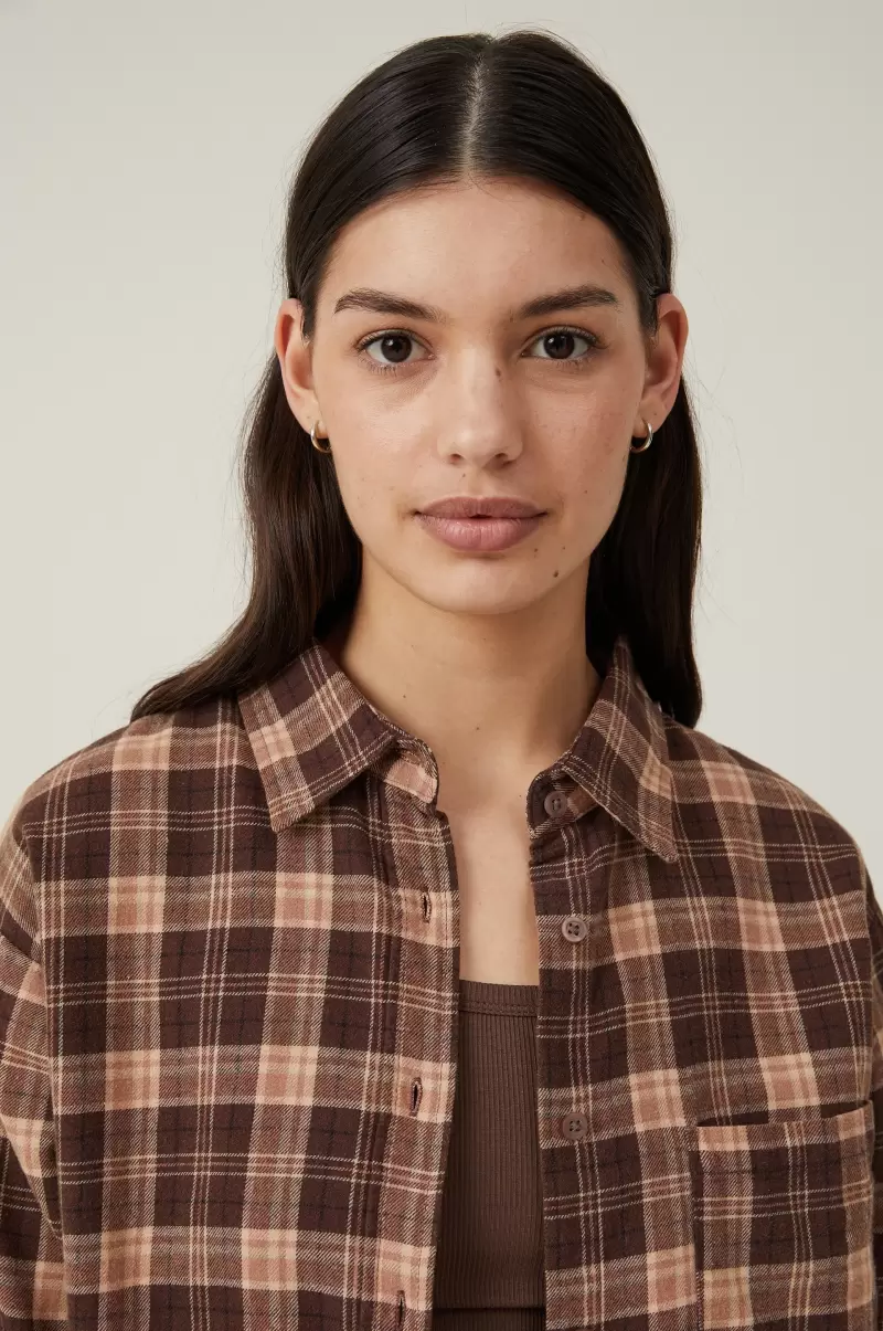 Poppy Check Dark Oak Women Sustainable Tops Cotton On Boyfriend Flannel Shirt - 2