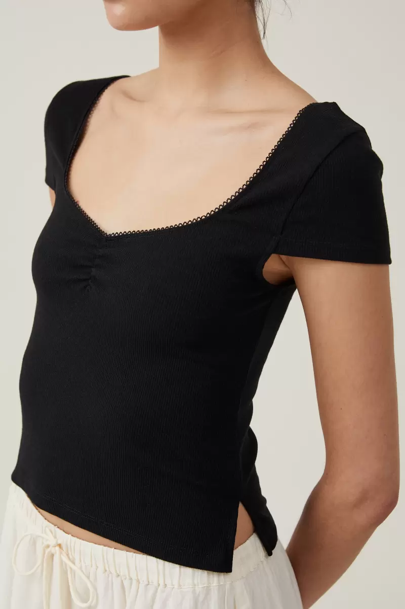 Voucher Black Tops Women Sally Picot Trim Short Sleeve Top Cotton On - 2