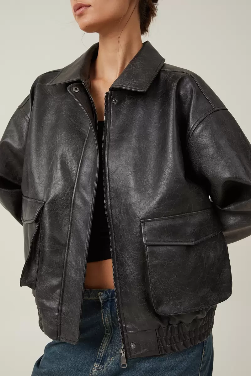 Faux Leather Oversized Bomber Jacket Cotton On Jackets Women Deal Washed Black - 2