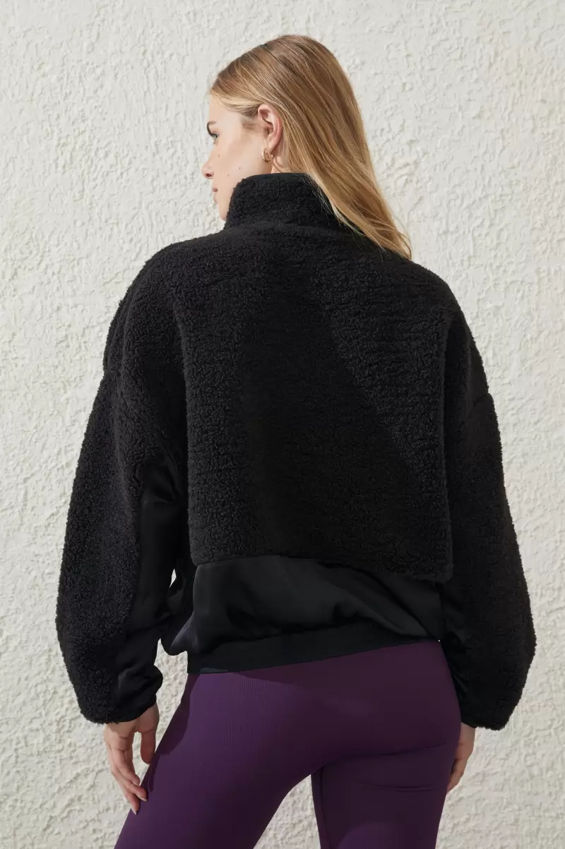 Women Cotton On Delicate Sherpa Contrast Zip Through Long Sleeve Jackets Black - 1