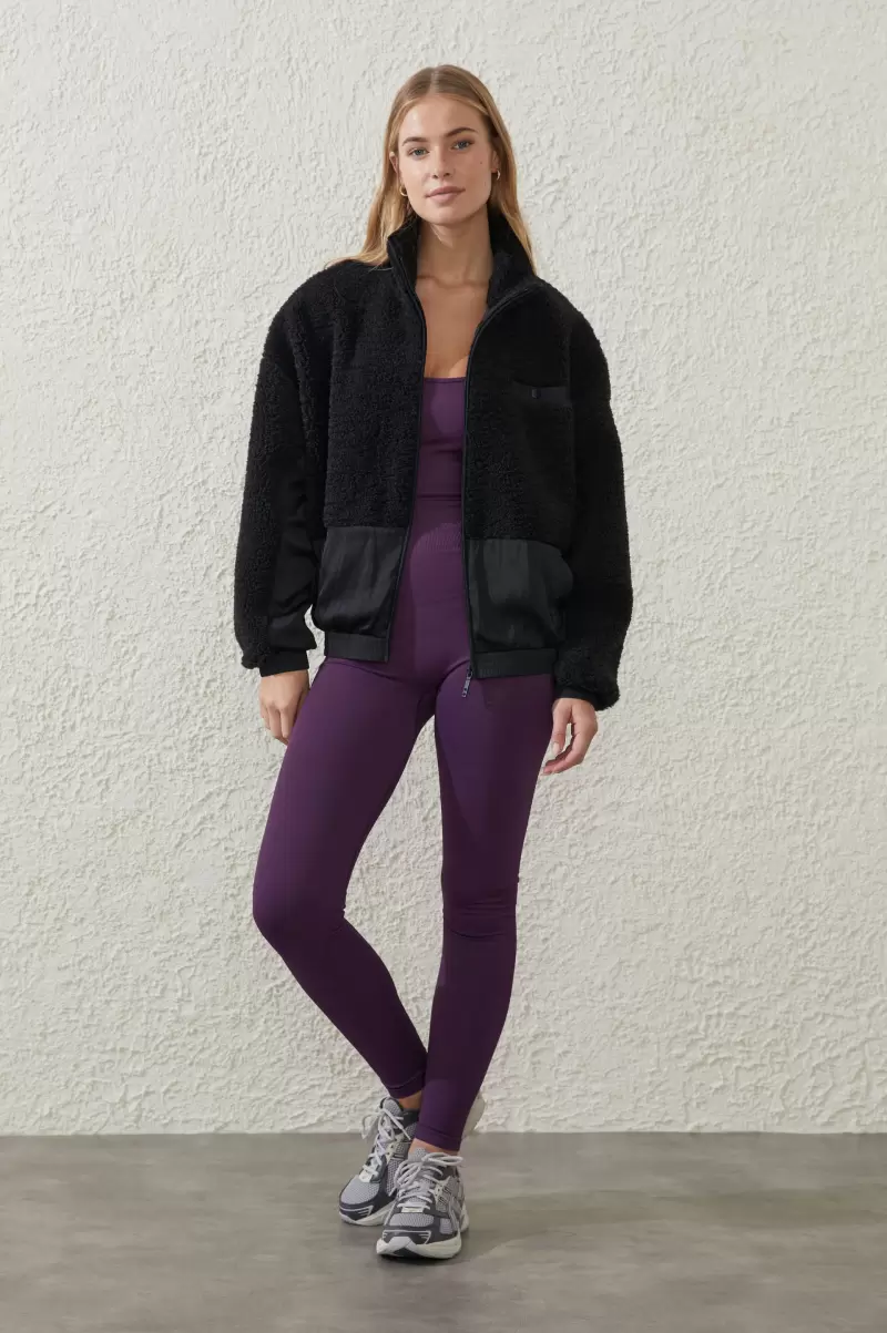 Women Cotton On Delicate Sherpa Contrast Zip Through Long Sleeve Jackets Black - 2