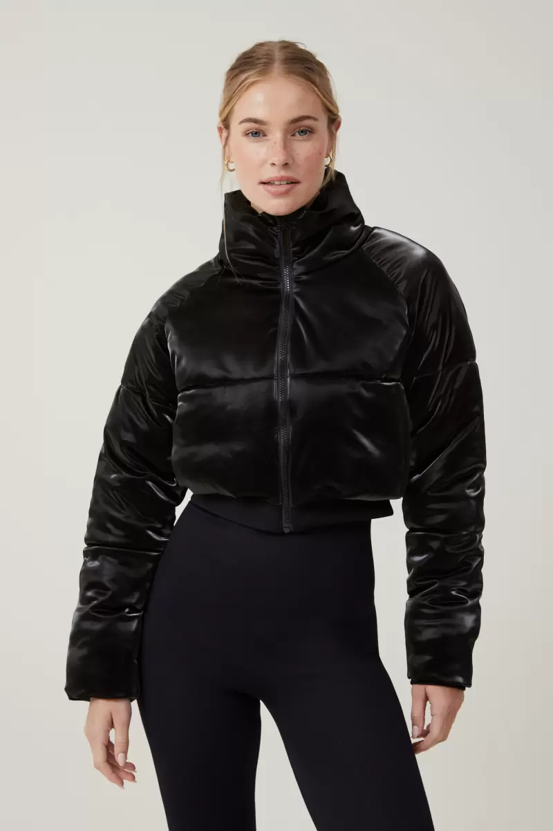 Women Cotton On Black Gloss The Recycled Cropped Mother Puffer 2.0 Sale Jackets - 2