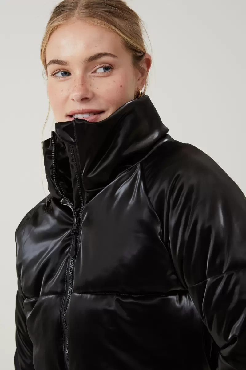 Women Cotton On Black Gloss The Recycled Cropped Mother Puffer 2.0 Sale Jackets