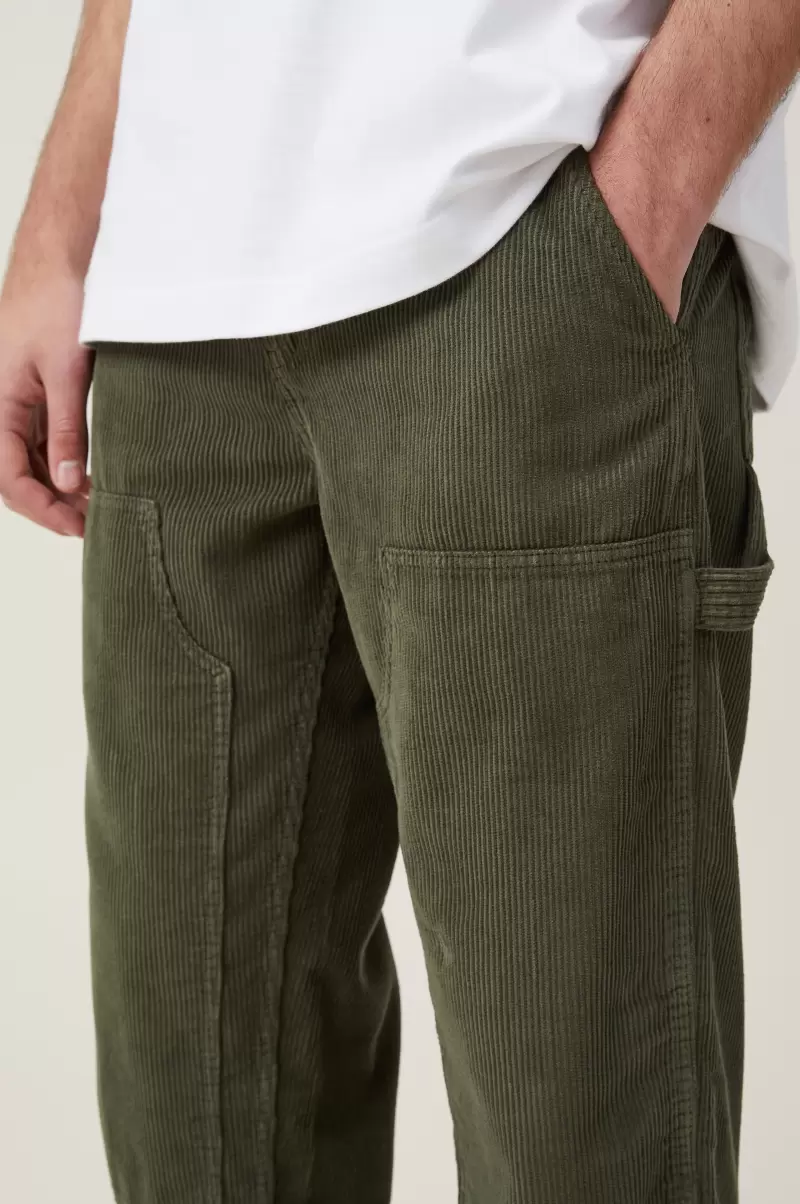 Tailored Loose Fit Pant Cotton On Cord Double Knee Dark Green Men Pants - 2