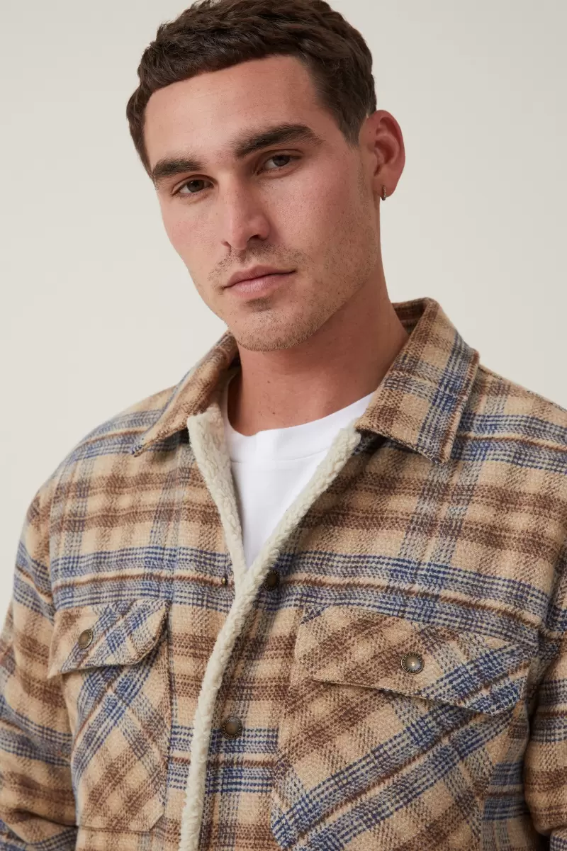 Jackets Men Cotton On Natural Check Ergonomic Teddy Lined Shacket - 2