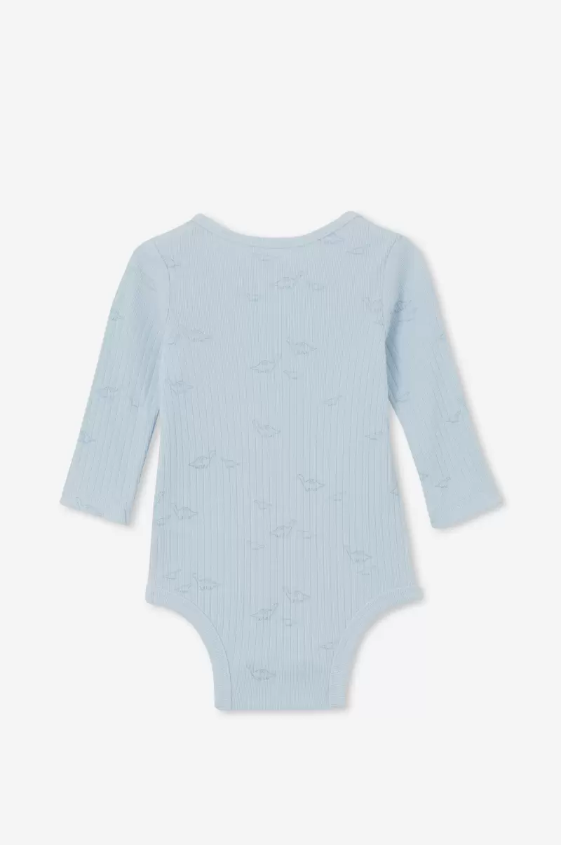 Rompers & All In Ones Baby Frosty Blue/Baby Dino Organic Newborn Long Sleeve Bubbysuit Artisan Cotton On - 1
