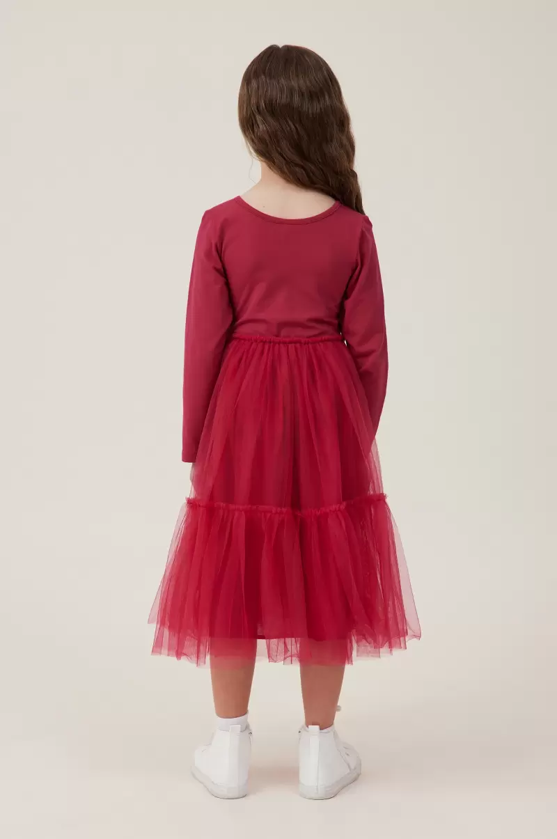 Solid Dresses Berry/Deco Sparkle Girls 2-14 Iris Long Sleeve Dress Cotton On - 1