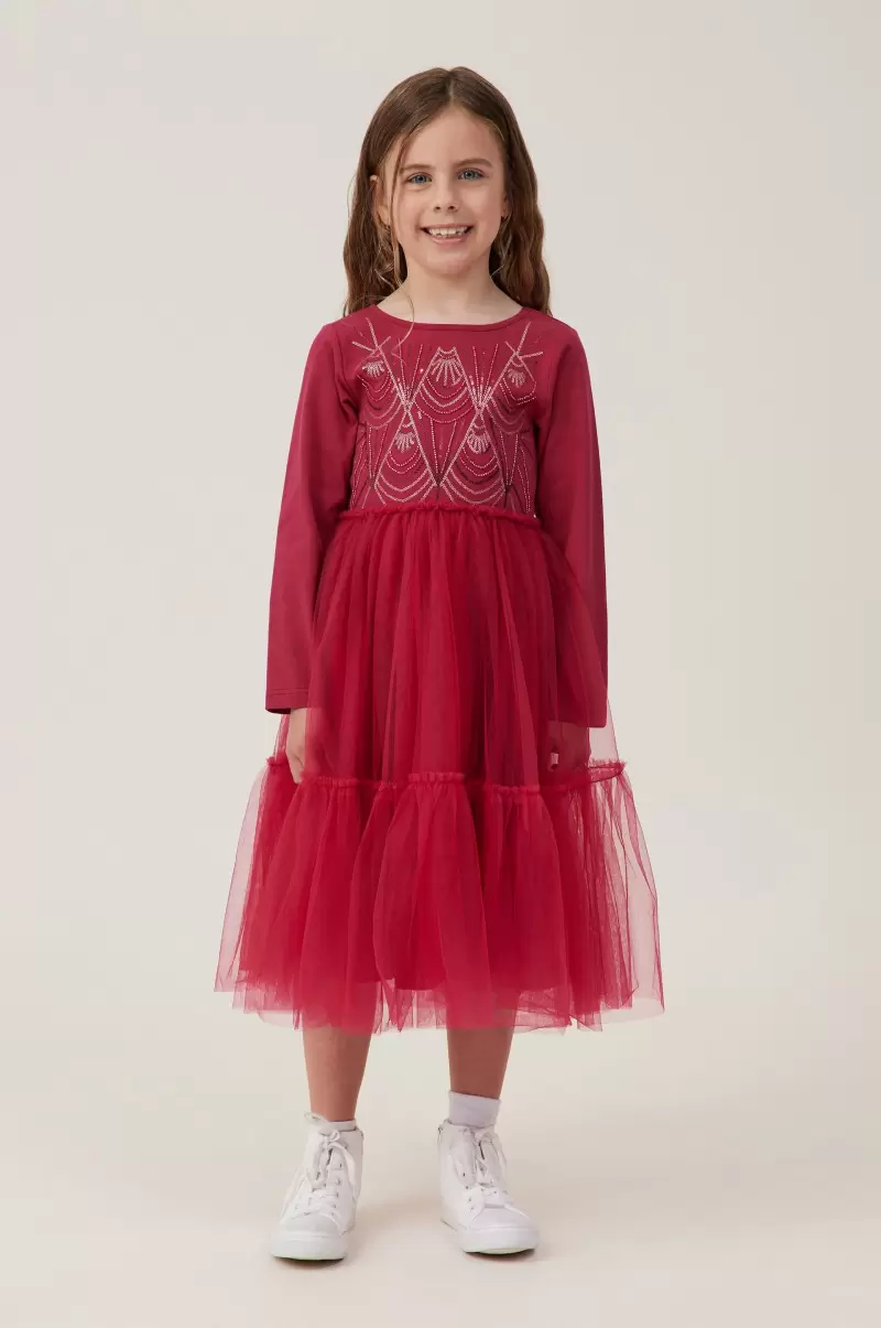 Solid Dresses Berry/Deco Sparkle Girls 2-14 Iris Long Sleeve Dress Cotton On - 2