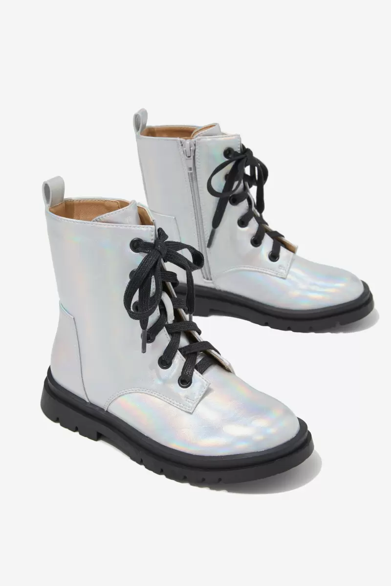 Combat Lug Boot Cotton On Girls 2-14 Silver Iridescent Sustainable Boots - 1