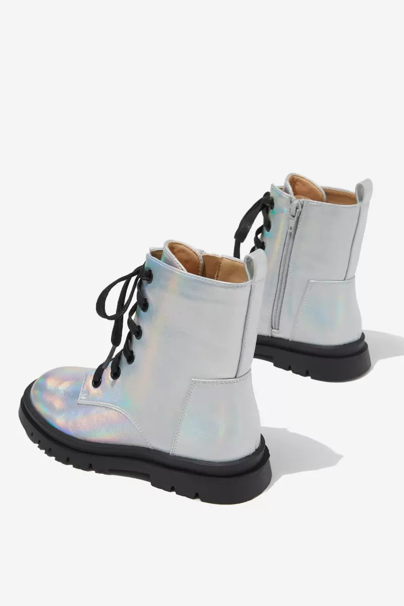 Combat Lug Boot Cotton On Girls 2-14 Silver Iridescent Sustainable Boots - 2