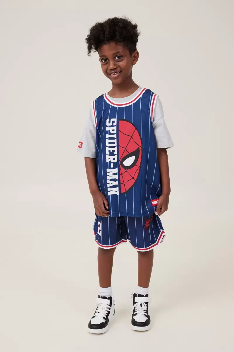 License Basketball Tank Tops & T-Shirts Lcn Mar In The Navy Stripe/Spiderman Affordable Boys 2-14 Cotton On - 2