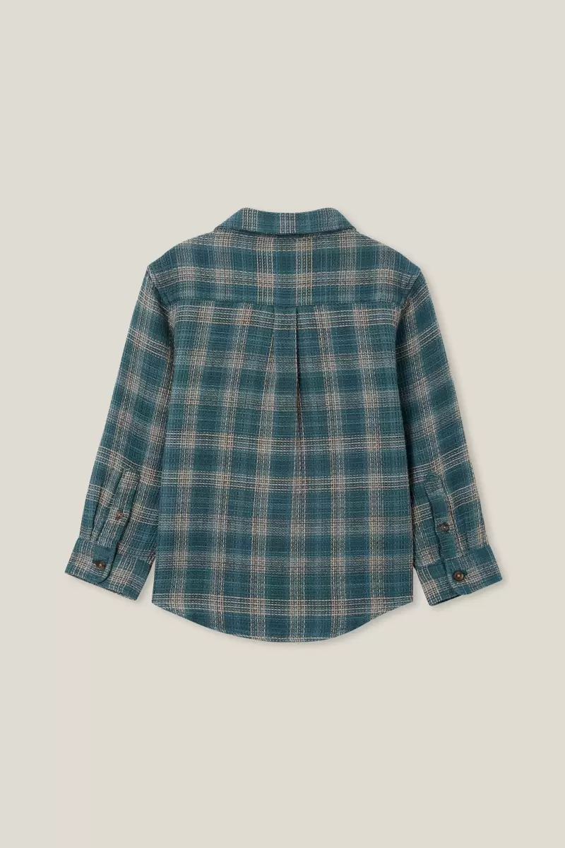 Boys 2-14 Shirts Cotton On Tailor-Made Turtle Green/Taupy Brown Waffle Plaid Rugged Long Sleeve Shirt - 1