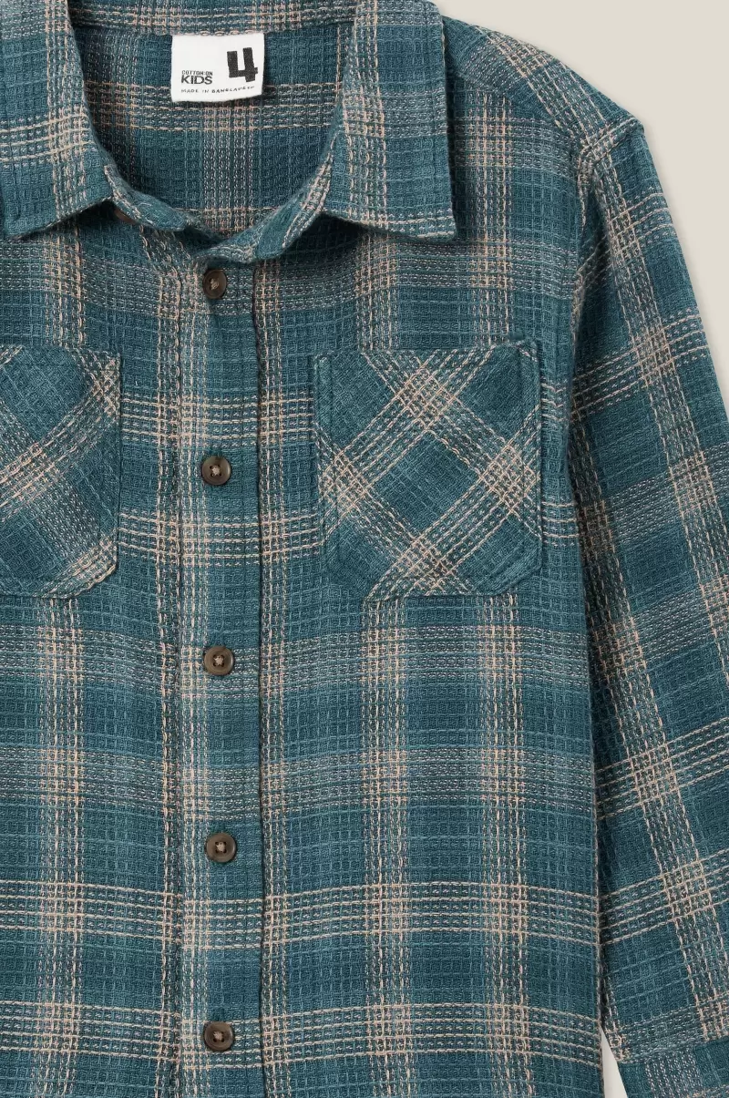Boys 2-14 Shirts Cotton On Tailor-Made Turtle Green/Taupy Brown Waffle Plaid Rugged Long Sleeve Shirt