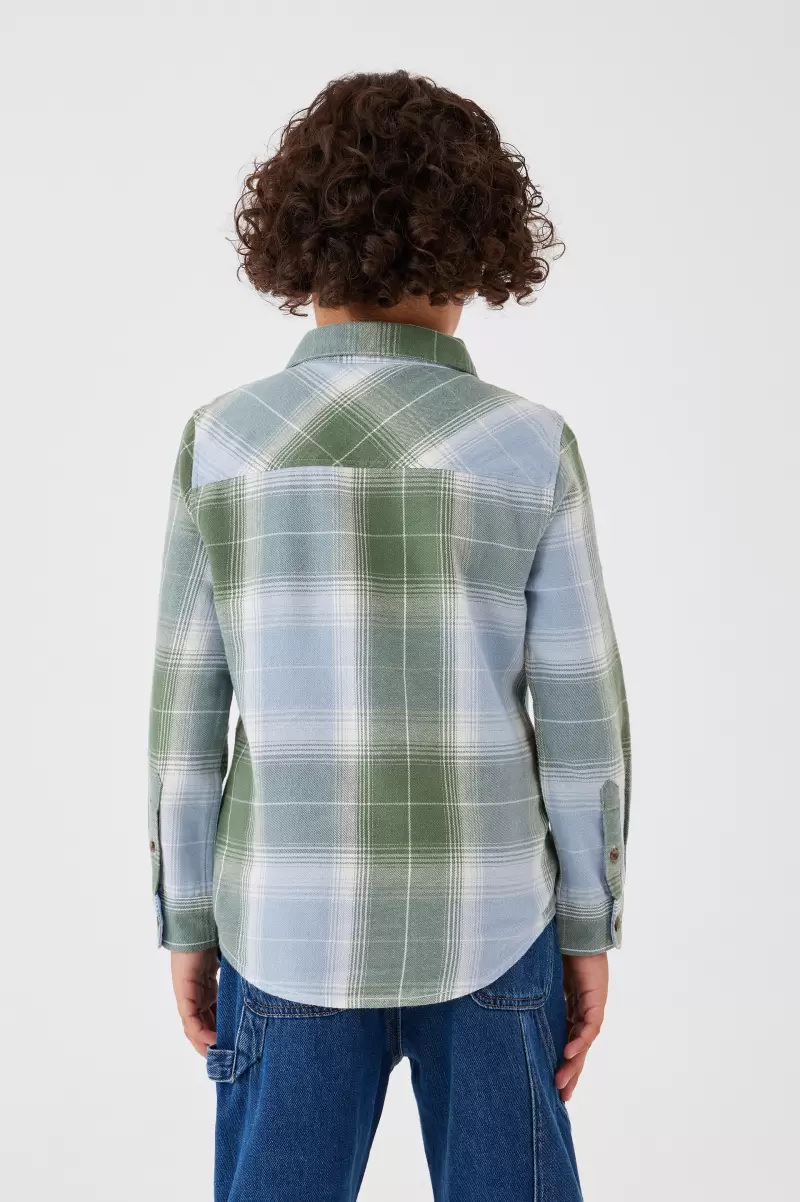 Shirts Swag Green/Dusty Blue Plaid Uncompromising Rugged Long Sleeve Shirt Cotton On Boys 2-14 - 1