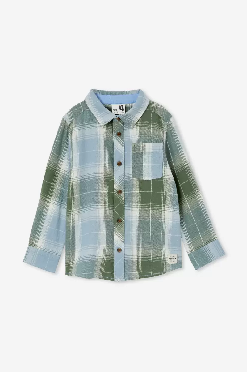 Shirts Swag Green/Dusty Blue Plaid Uncompromising Rugged Long Sleeve Shirt Cotton On Boys 2-14 - 2