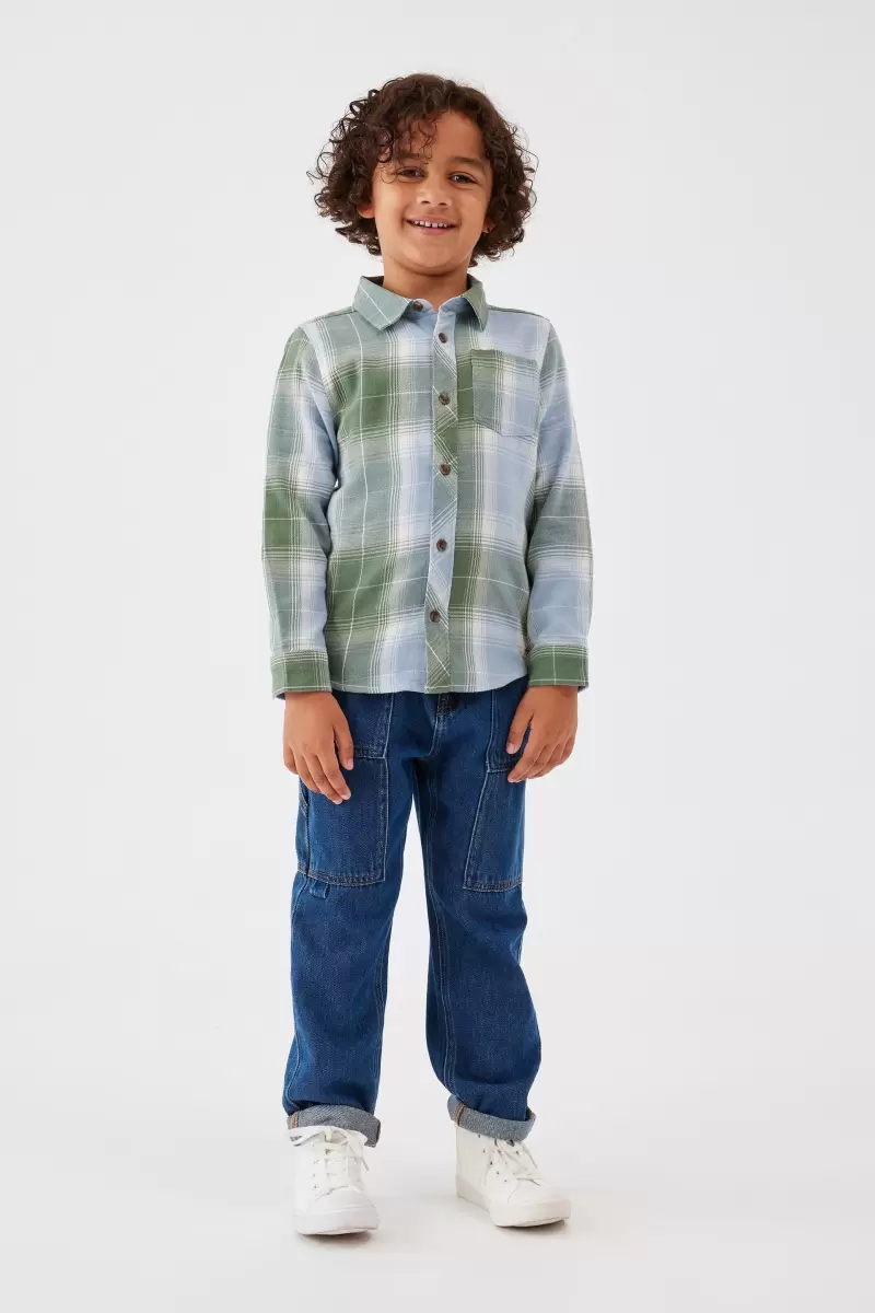 Shirts Swag Green/Dusty Blue Plaid Uncompromising Rugged Long Sleeve Shirt Cotton On Boys 2-14