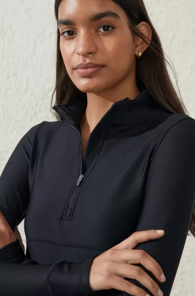Cotton On Cozy Fleece Lined Half Zip Long Sleeve Black Women Tops
