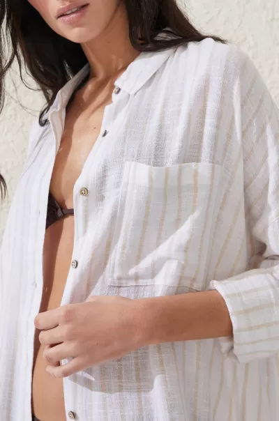 Cotton On Tops Spacious Women Natural Stripe Swing Beach Shirt
