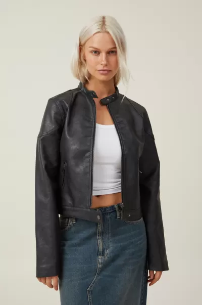 Vintage Jackets Black Faux Leather Moto Jacket Cotton On Women
