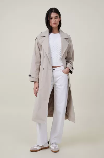 Chic Mid Taupe Women Cotton On Drop Shoulder Trench Coat Jackets