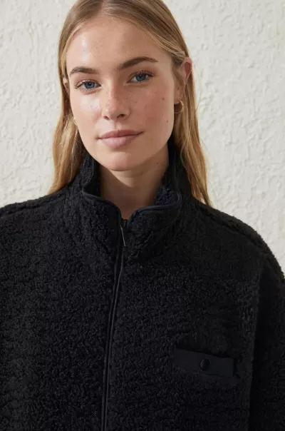Women Cotton On Delicate Sherpa Contrast Zip Through Long Sleeve Jackets Black