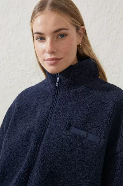 Luxurious Jackets Sherpa Contrast Zip Through Long Sleeve Women Cotton On Oceanic Navy