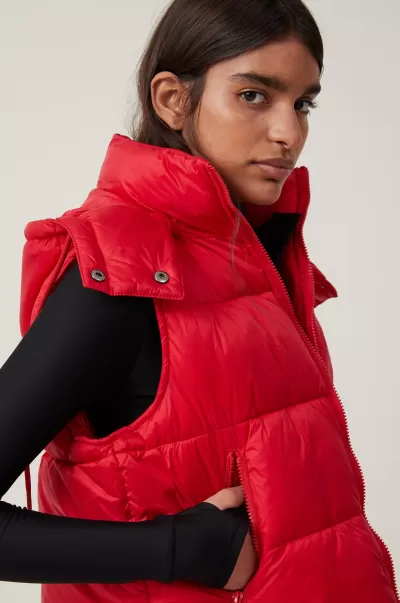 Affordable Jackets Women The Recycled Mother Hooded Puffer Vest 2.0 Apres Red Cotton On