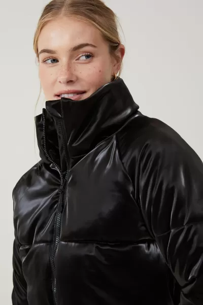 Women Cotton On Black Gloss The Recycled Cropped Mother Puffer 2.0 Sale Jackets