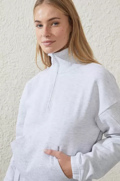 Sweats & Hoodies Plush Rib Cropped Half Zip Jumper Cotton On Rugged Women Cloudy Grey Marle