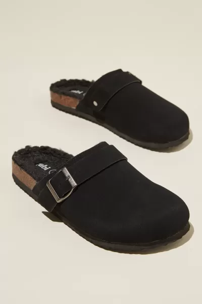 Black Micro Sherpa Cotton On Rex Buckle Mule Luxurious Women Shoes & Slippers