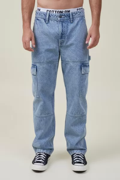 Vintage Cotton On Men Baggy Jean Pants Panel Cargo Garage Blue
