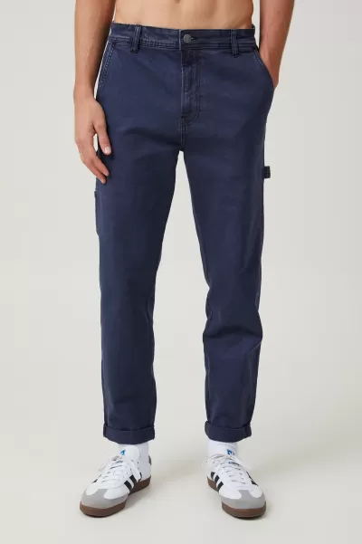 Men Pants Made-To-Order Worker Washed Navy Relaxed Tapered Jean Cotton On