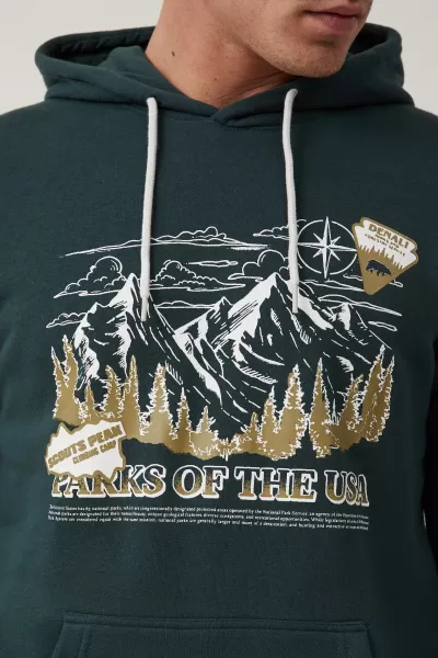 Men Graphic T-Shirts Sturdy Pine Needle Green/Parks Of The Usa Graphic Fleece Pullover Cotton On