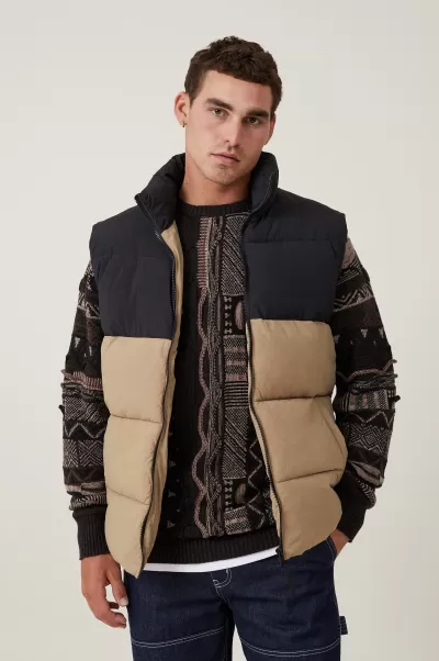 Men Easy Cotton On Tan Panel Recycled Puffer Vest Jackets
