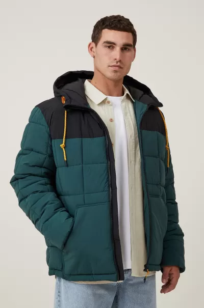 Cotton On Recycled Puffer Hooded Jacket Jackets Customized Deep Teal Panel Men