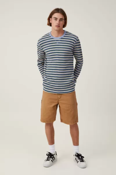 Men Efficient Cotton On Sweaters Blue Stripe Chunky Waffle Long Sleeve Tshirt