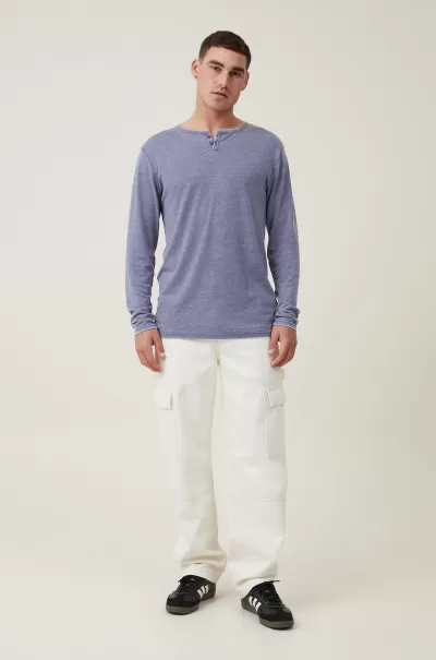 Vintage Navy Cotton On Men Trendy Henley Long Sleeve Tshirt Sweaters