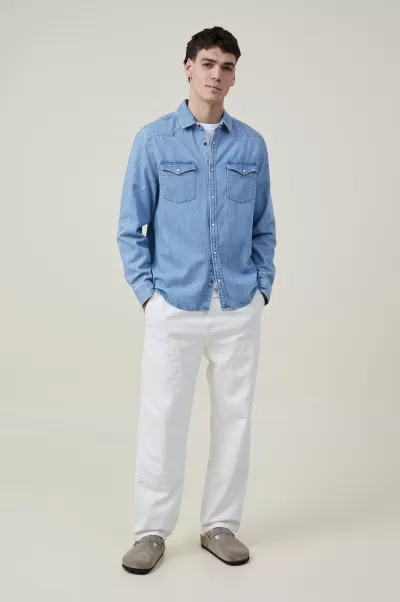 Dallas Long Sleeve Shirt Vintage Blue Denim Cotton On Convenient Men Shirts & Polos