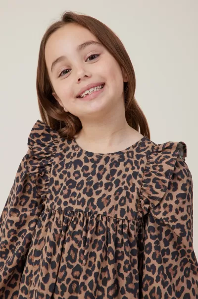 Holly Long Sleeve Dress Cotton On Enrich Taupy Brown/Molly Leopard Girls 2-14 Dresses