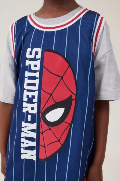 License Basketball Tank Tops & T-Shirts Lcn Mar In The Navy Stripe/Spiderman Affordable Boys 2-14 Cotton On