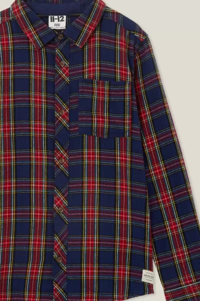 Cotton On Classic In The Navy/Heritage Red Plaid Boys 2-14 Shirts Rocky Long Sleeve Shirt
